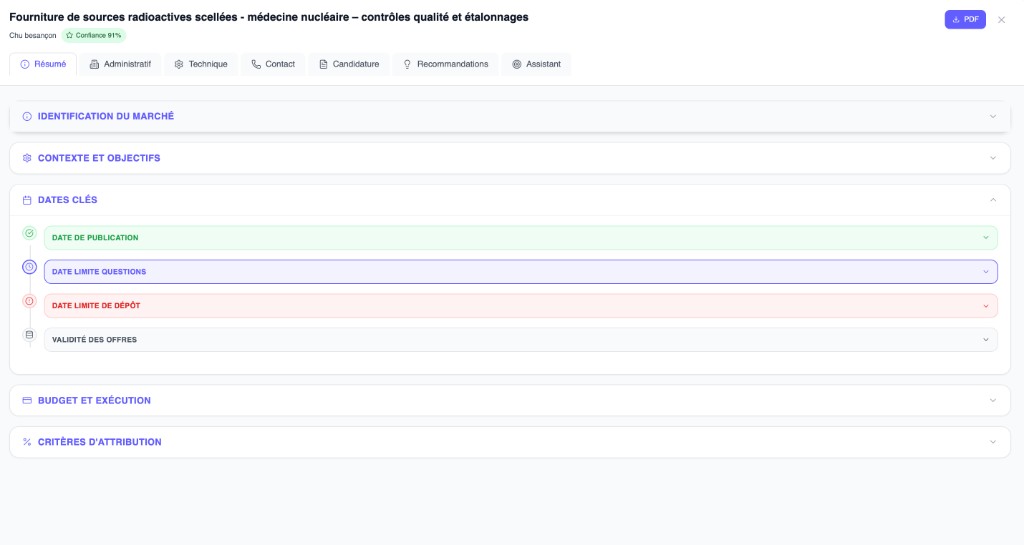 Détail d'une analyse Bryte avec score Go/No-Go et risques extraits